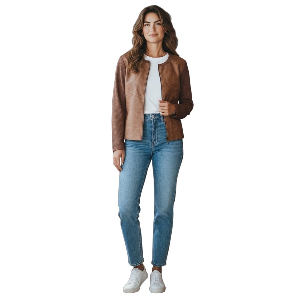 Sioni Faux Suede Brown Zip Front Jacket Top, size Medium